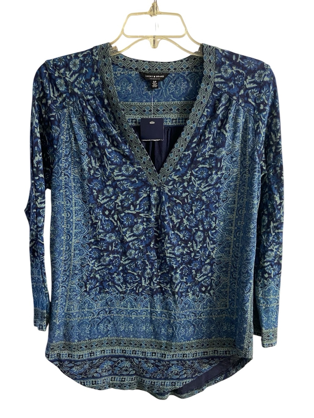 Lucky Brand Blue Teal Border Print Boho V-Neck Long Sleeve Peasant Top Small NWT